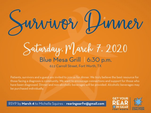 If you've been diagnosed with colon cancer, we want to invite you to join us Saturday for a meal and an opportunity to connect with others! I need a head count by tomorrow, so don't forget to RSVP now!