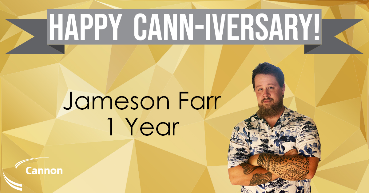 CannonCorp's tweet photo. Happy Cann-iversary to Jameson Farr! We are so glad to have to have you here and look forward to celebrating many more Cann-iversaries with you! #Canniversary #Celebration #WorkAnniversary #teamwork https://t.co/cOPGWQrZKG