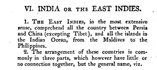 This is how the book defines India: "The country between Persia and China(excepting Tibet) and all the Islands in Indian ocean from Maldives to Philippines."