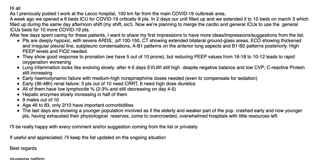 #covid19FOAM #coronavirus updates from the CCM-L list. Troubling reports from Italy, as this sounds like a rather sicker population than described in other settings. Note the high prevalence of shock and fairly young age bracket. (shared with permission)