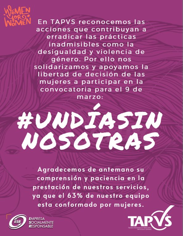 TAPVS's tweet image. Un día sin nosotras  #orgullotapvs #elnueveningunasemueve💜 #undiasinnosotras #niunamenos