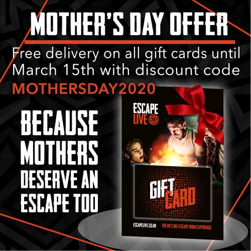 Mothers Day is coming! 🚨
Are you prepared?👪

This #MothersDay get your #Mum the #gift she deserves, some quality time with you.

Click the link below and use the #DiscountCode
MOTHERSDAY2020
for #Free delivery!🙌

escapelive.co.uk/gift-vouchers/

T&amp;C's Apply*