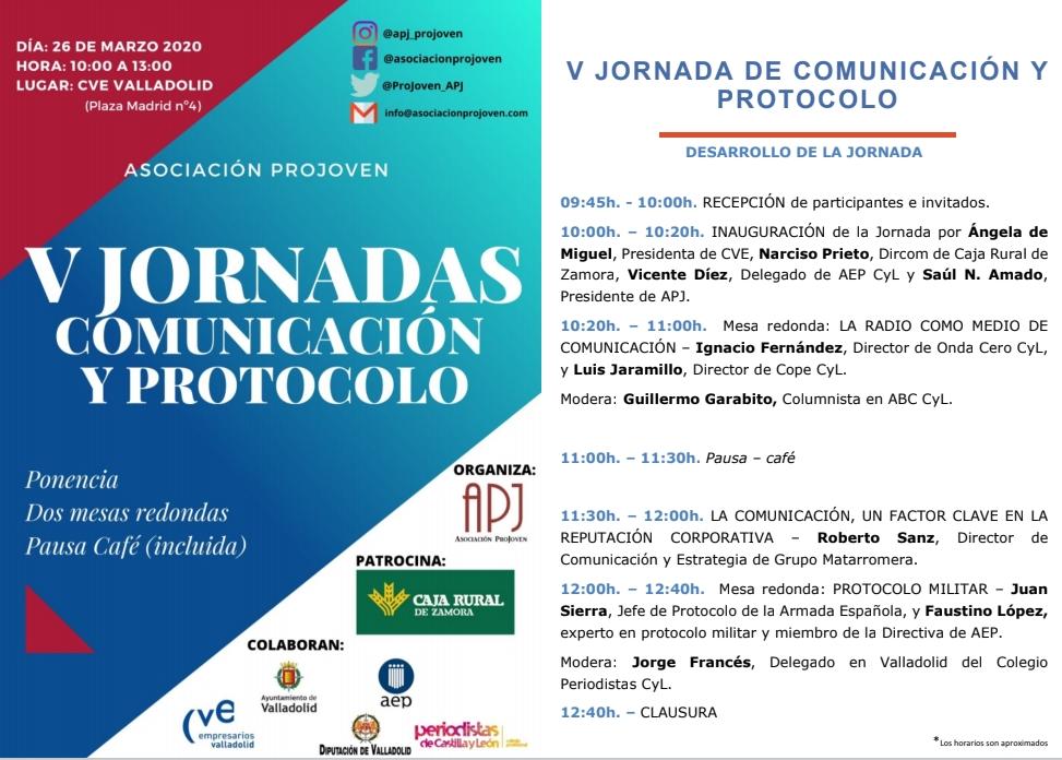 Ya está aquí la V Edición de las Jornadas de #Comunicación de #Protocolo de <a href="/ProJoven_APJ/">APJ - ProJoven</a> 

El 26 de marzo la @CVE_ acogerá dos mesas redondas y una ponencia con invitados profesionales y de calado nacional.
#Valladolid #Networking #Emprendimiento