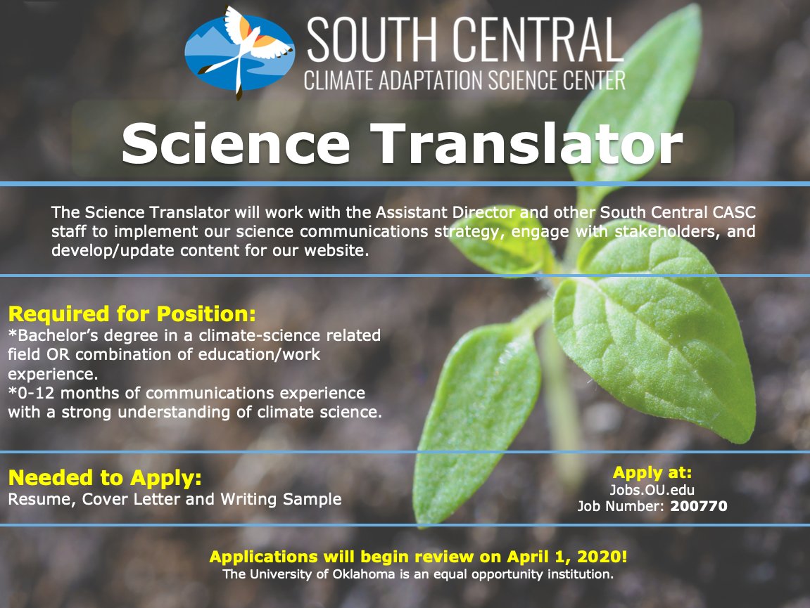 WE ARE HIRING! Interested in joining our team? Want to learn more about this exciting opportunity? Early career professionals are encouraged to apply! Click on our link below:
southcentralclimate.org/news-3/opportu…
@ousom @OUAGS @OUDGES @TTUCSC @LSU @UNM #climatecommunications