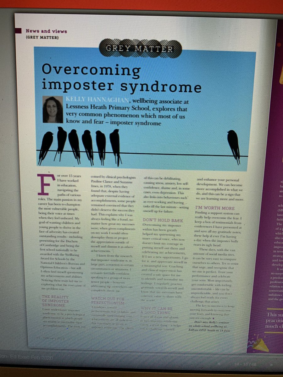 mindworkmatters's tweet photo. Delighted to see my published grey matter on Imposter Syndrome In the March edition of Education Executive magazine @EdExec Looking forward to speaking at their mental health conference in June #LeadWell #First4Wellbeing @Primary1stTrust https://t.co/PSswoJ8aCA