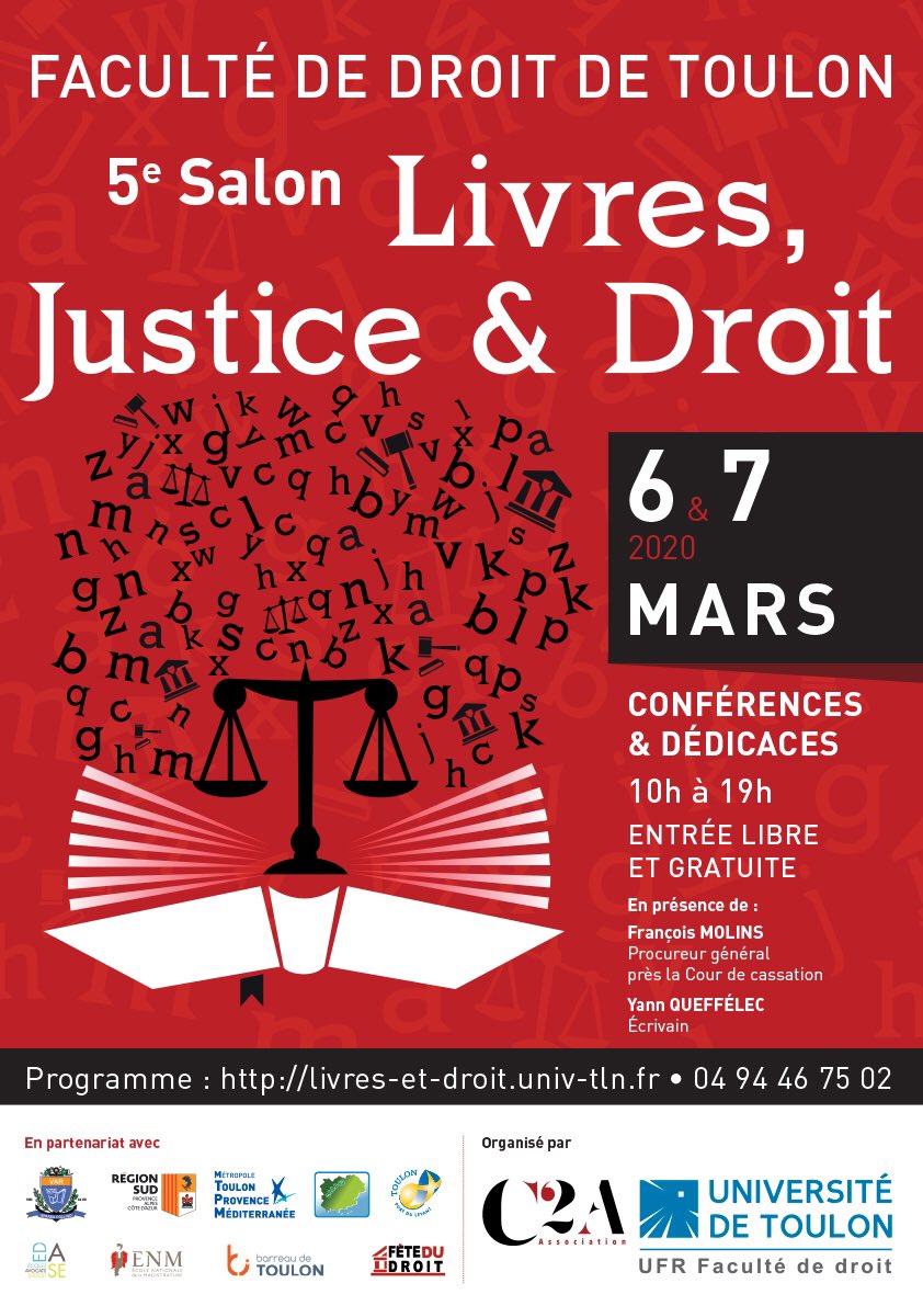 Le 5e Salon #Livres #Justice et #Droit ouvre ses portes dès demain matin à la Faculté de droit de #Toulon. Un beau programme sous le parrainage prestigieux de <a href="/francois_molins/">François Molins</a> ! Nous vous attendons nombreux ! <a href="/fetedudroit/">fête du droit</a>