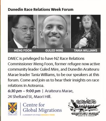 We are delighted to be co-sponsoring a forum on race relations in Aotearoa New Zealand, as part of Race Relations Week. Featuring Race Relations Commissioner Meng Foon, former refugee Guled Mire, and Araiteuru Marae leader Tania Williams. 19 March, 6.30pm: blogs.otago.ac.nz/globalmigratio…