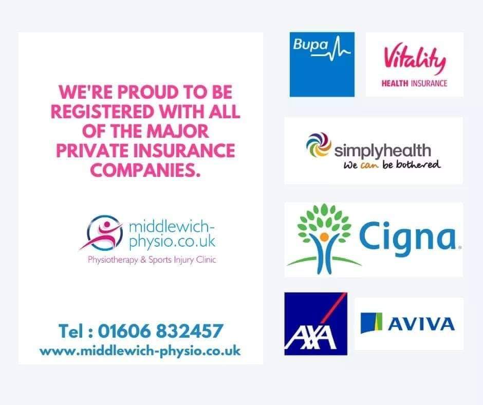 middlewichphys's tweet photo. We're proud to be registered with the main insurance companies, giving you piece of mind.
Tel 01606 832457.
https://t.co/eOrSeTk991 #bupa #AXA #Vitality #simplyhealth #cigna #aviva #physio #injuries #sportsinjuries #gyminjuries #physiomiddlewich #physiocheshire #cheshirephysio https://t.co/Hu79d5SVIR