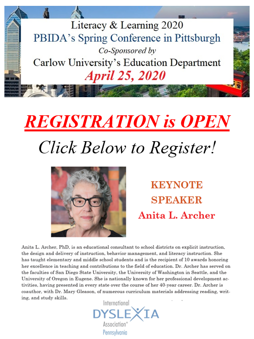 pabranchida's tweet photo. Register for April 25th at Carlow University @PBIDA.org​!
https://t.co/qrqaoagIp4
#PBIDAConference #pbida #dyslexia #reading #learning #education #pittsburgh #read #educators #read #school #learningdisabilities #untileveryonecanread #support https://t.co/hO5uen6laN