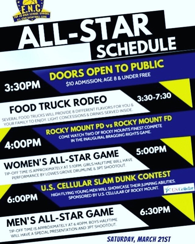 encallstargame's tweet photo. 2020 E.N.C All-Star Saturday Schedule!!!

Major shoutout to U.S. Cellular of Rocky Mount @uscellular for being our Title Sponsor of our 2020 dunk contest....officially named:

U.S. Cellular Slam Dunk Contest

Participating dunkers names will be released VERY soon!!! Stay close! https://t.co/okVRkePWKY