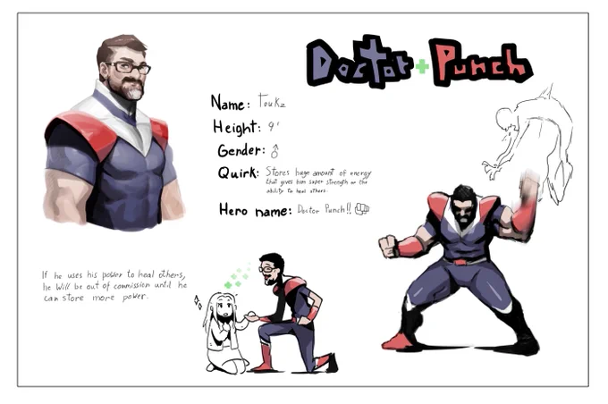 @TouKz I've been meaning to draw an original My Hero Academia character but didn't have any cool ideas. but I stole some superpower ideas from the show lol and made you this

DOCTOR PUNCH! 