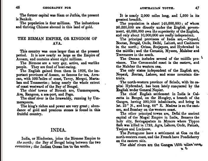 The geographical spread of India confirmed again by this book named ' Geography for Australian youth' published in 1845 (which is still before British conquest of Punjab)