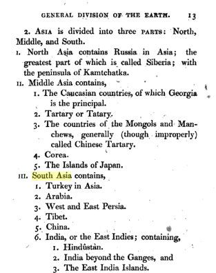 We once again go back to 'Geography for youth' published from Dublin in 1813. South Asia contains: Turkey, Arabia, Persia, India, Tibet and China !If you are rejecting 'India' saying that it doesn't mean what it used to mean, can you, hand on your heart, really use 'S Asia' ?