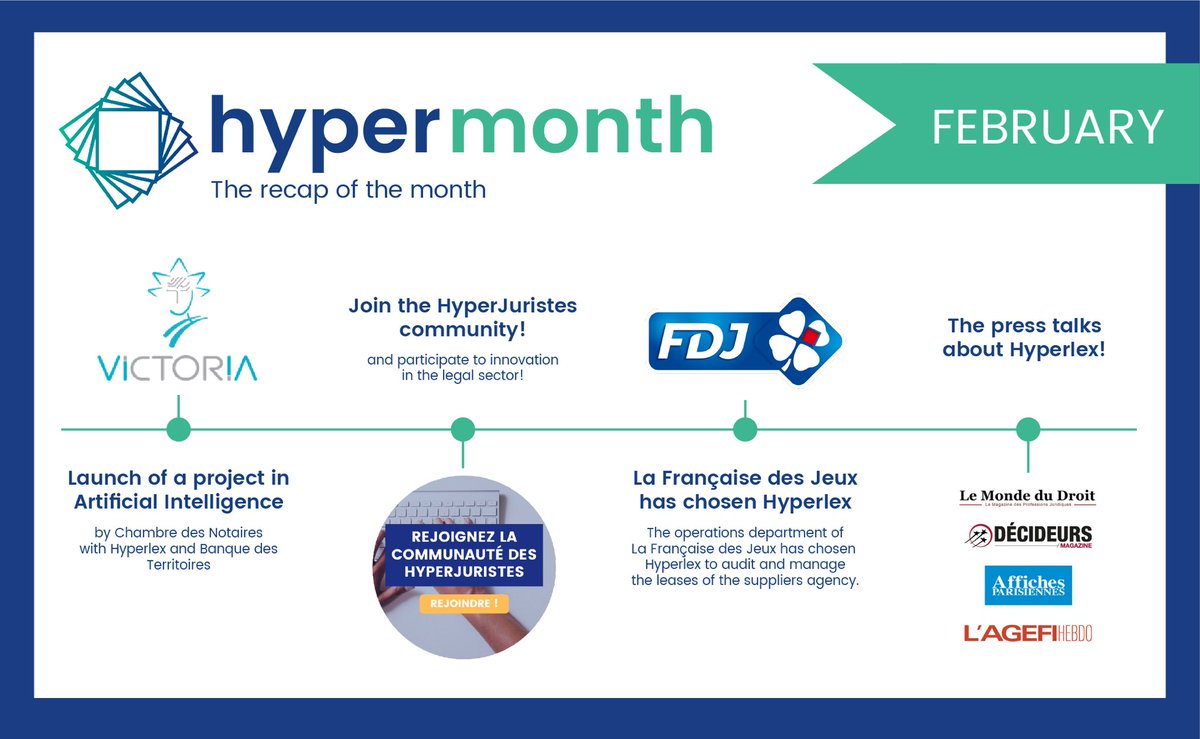 Hyperlex_'s tweet photo. #Hypermonth โก๏ธ
๐ Launch of a project in Artificial Intelligence by Chambre des Notaires, with #Hyperlex and @BanqueDesTerr
๐ Join the #HyperJuristes community
(๐ https://t.co/wuoEzhqfgfโฆ)
๐ค @FDJ has chosen #Hyperlex !
๐ฐ The press talks about #Hyperlex ! https://t.co/eookfVZEY4