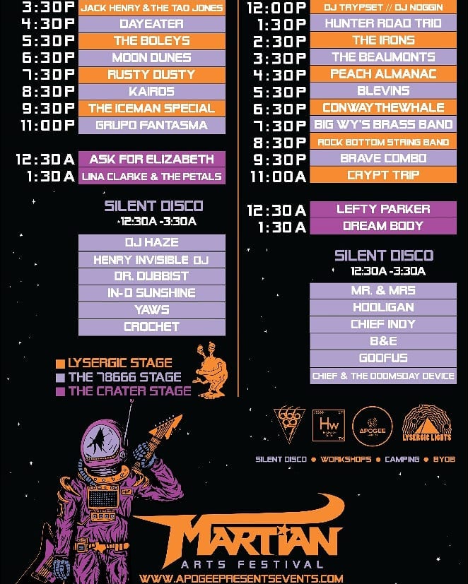 YO WE GOT SET TIMES for <a href="/MartianArtsFest/">Martain Arts Fest</a>  I'll be playing the silent disco on Friday night. Come out for tunes, yoga, friends, and workshops!!!