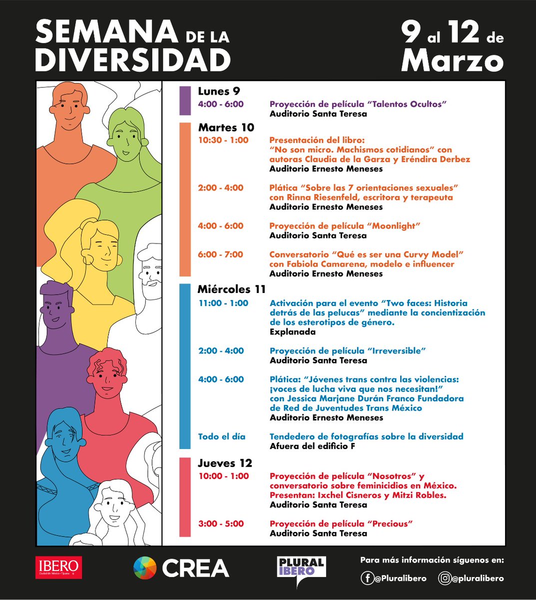 #Entérate Del 9 al 12 de marzo se realizará en la #Ibero la #SemanaDeLaDiversidad; se llevarán a cabo conversatorios, proyección de películas, conferencias, pláticas, entre otros. Consulta aquí el programa y acompáñanos ⏬ https://t.co/QmyP4EzqNl