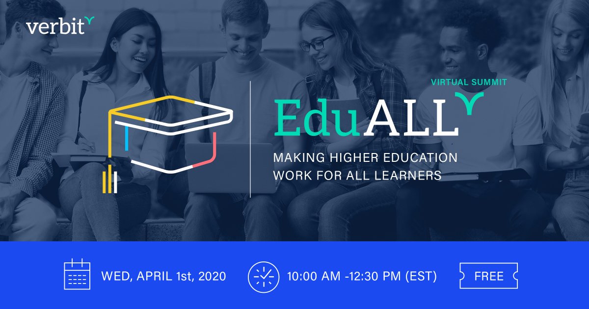 thetechflash2's tweet photo. Excited to join the @Verbit_ EduALL virtual summit 4/1/20 from 10:00 - 12:30.  Free event with many fantastic leaders in UDL and HE space such as @eyeonaxs  @Jen_Pusateri @InnospireEdu and Korey Singleton from @AccessibleMason   Register for free at https://t.co/dVtXbudvbB https://t.co/kxmzWeoIcY