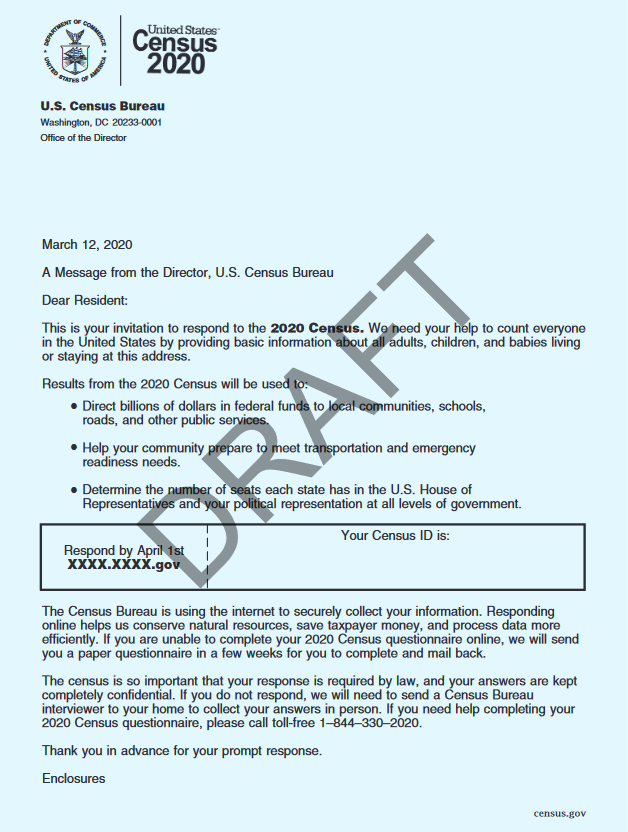 hansilowang's tweet image. Immune yourself from #2020Census misinformation by taking a look at what the official Census Bureau letters coming to most U.S. households around March 12 look like👇