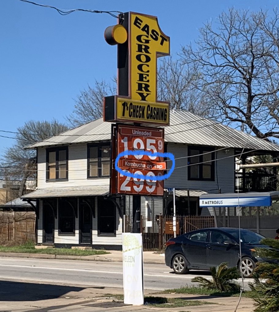 lonnystern's tweet photo. How you know youβre in East Austin. #austinweird #eastaustin #kombucha #gasstation https://t.co/WrBtLwTylS