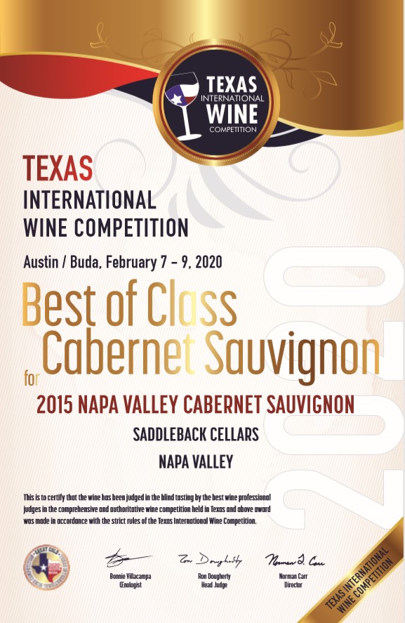 saddlebackwine's tweet photo. 🍷We very proudly announce that our 2015 Napa Valley Cabernet Sauvignon received BEST IN CLASS at the Texas International Wine Competition!! Cheers to our amazing winemaking team! 🥂🎉Contact Elizabeth to get your hands on some today! 707-944-1305 or info@saddlebackcellars.com https://t.co/Q6Q3277eQg