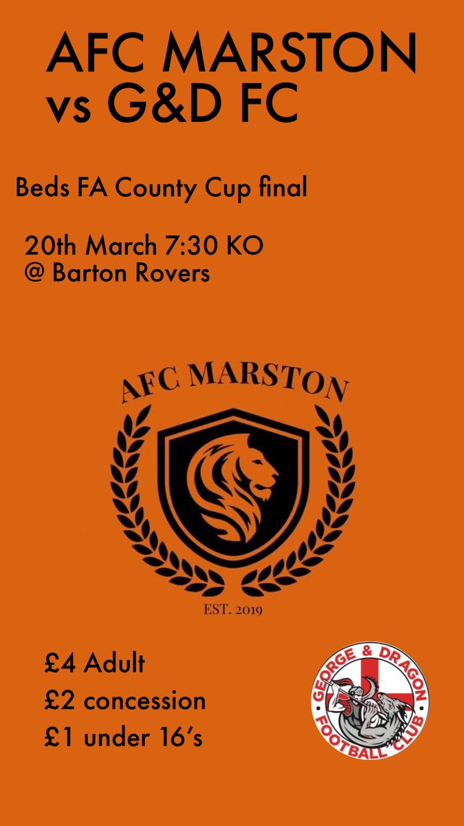 AFC_Marston's tweet photo. CUP FINAL ALERT, AFC take on @GeorgeandDrago9 in the @BedsFA County Cup Final, we would love to see as many of you as possible down to support the boys, UP THE AFC🧡 https://t.co/9GilUoDtDB
