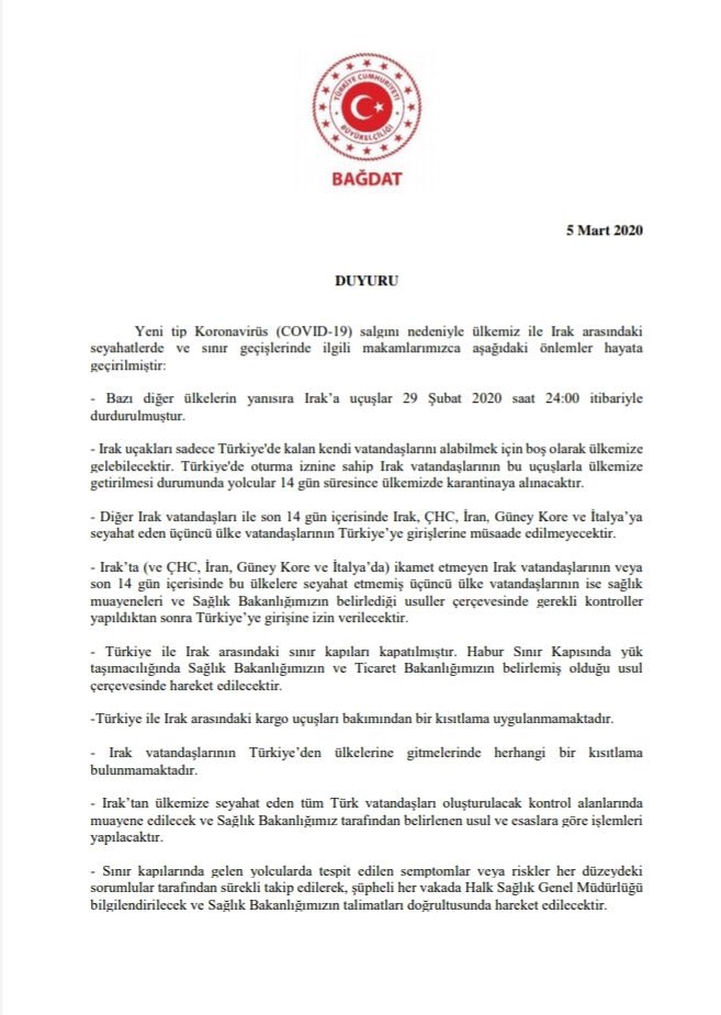 FATIHYILDIZ_MFA's tweet photo. Ülkemiz ile Irak arasındaki seyahatler ve sınır geçişlerine dair son duyurumuzu aşağıda sunuyorum.

Irak’taki vatandaşlarımızın Türkiye’ye dönüşlerine ilişkin düzenlemelere de yer verdik. 

Sorularınızı elimizden geldiğince yanıtlayabilmeyi ümit ediyoruz.

Güvende olun. https://t.co/RuZQWzwC4p