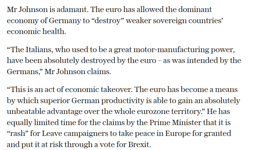 Further on into that 2016 interview, Boris Johnson taps into the "German conquest of Europe" narrative with references to "economic takeover" to justify anti-European feeling.  http://archive.is/X0vvi 