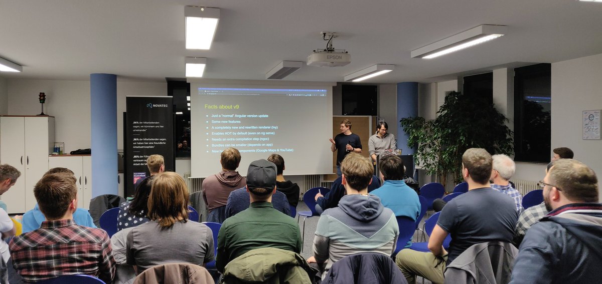 Second talk for today's #meetup: <a href="/heyitsalex86/">Alexander Schuster</a> and <a href="/floriantischler/">Florian Tischler</a> from our orga team will talk about "Updating to Angular 9: Why, when and how?" and they will update our #ngStuttgart app live to #angular 9!