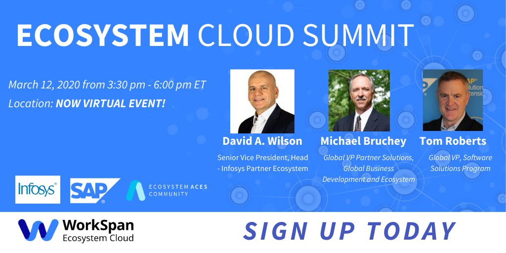 WorkSpan's tweet photo. We are excited to invite you to the Ecosystem Cloud Summit | NOW VIRTUAL EVENT!!!
(Register: https://t.co/ezEXdqr26W)

Ecosystem leaders from WorkSpan, SAP, Infosys and top technology companies of the world are coming together for this virtual summit.  

#ecosystemcloud #sap https://t.co/3od3fULIbw