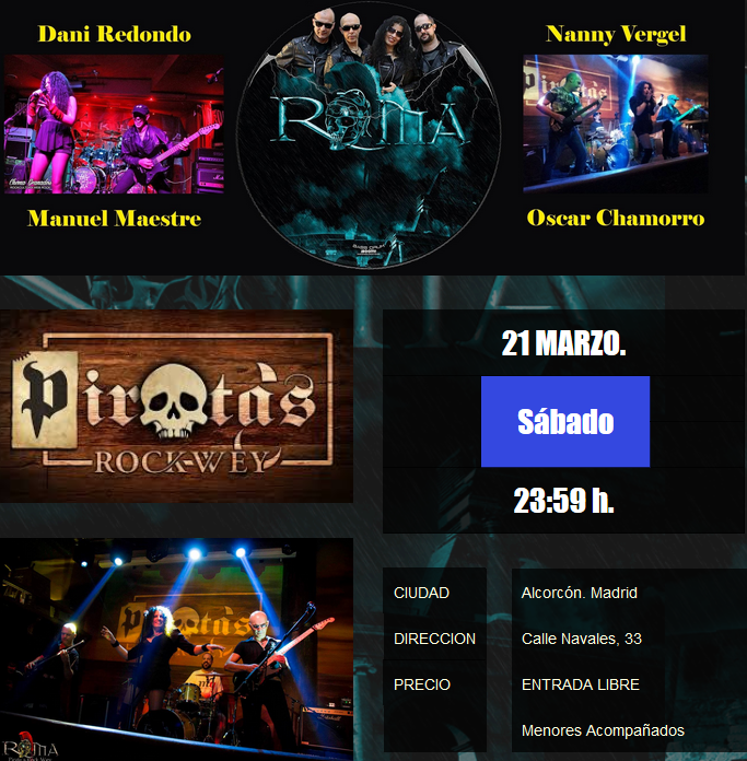 Romarockesp's tweet photo. El próximo sabado estaremos #enconcierto en  #piratasrockwey en #Alcorcón . Repertorio plagado de las mejores versiones #rock y nuestro trabajo #lavidaesteatro. 
Toda la informacion en https://t.co/Bufs8qvaY7 
OS ESPERAMOS !! https://t.co/Y4eqlZiQiT