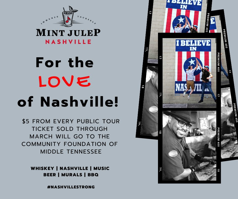 Mint Julep Experiences would like to share our #Nashville love by donating $5 from every public tour we offer to @CFMT through March. 
#NashvilleStrong #NashvilleLove #IBelieveinNashville