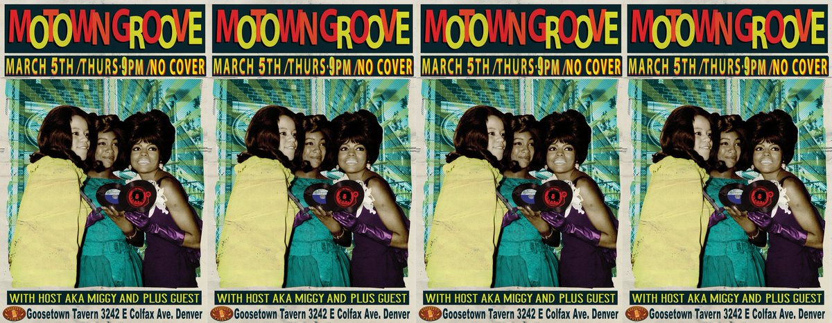 Join us tonight
Thurs. Mar. 5th/9pm/21+

Motown Groove Dance party Thursday at Goosetown Tavern
The best in Motown,Soul &amp; Funk

With host Aka Miggy
Power Hour (10pm-11pm/Happy Hour prices &amp; $2 Shots).
Goosetown Tavern: 3242 E Colfax Ave,
#funk #Soul #MotownGroove #motownthursdays