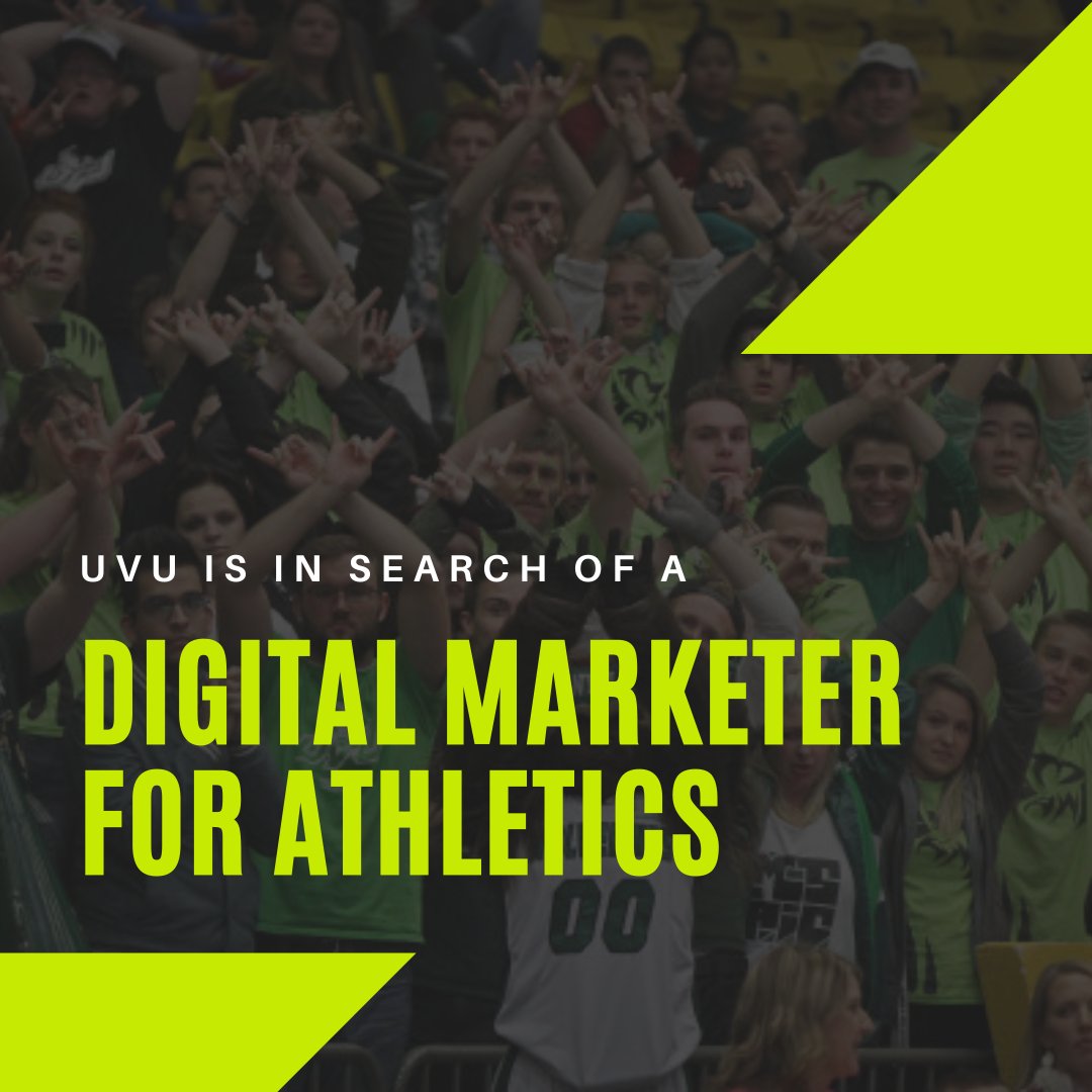 gogreenuvu's tweet photo. Are you a digital marketing student at UVU who loves sports? UVU is looking for a digital marketer to manage the athletics social media account. Go check out the job post on Glassdoor titled "Student - Digital Marketing (Marketing &amp; Promotions) - Athletics for more information. https://t.co/ohdcEJlaeQ