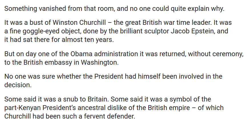 2016 and whilst actually trying to suggest that the UK and USA might have closer relattions post Brexit, Boris Johnson makes racist jibes towards the USA born then President, Barack Obama: "part-Kenyan President’s ancestral dislike of the British empire". http://archive.is/BrDbP 