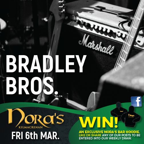 Delighted to welcome these guys back to Nora's after a long spell away. The BRADLEY BROS. will be playing live for us this Friday night so come along and give them a welcoming return.