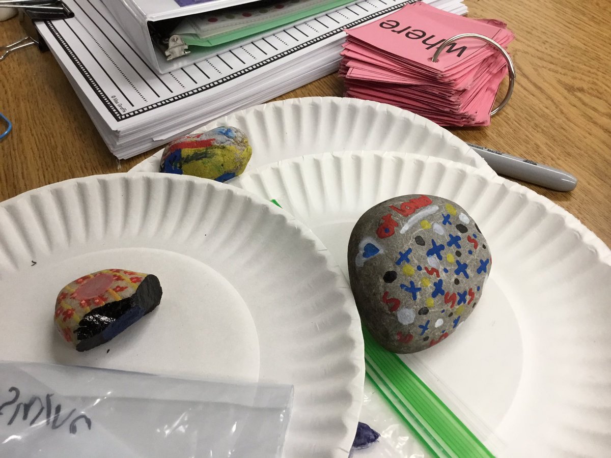 CRASMrsEnnis's tweet photo. Painting found rocks for the outdoor classroom. Is it spring yet? #culminatingActivity. #funwithpaintpens https://t.co/ymJRkvtMDQ