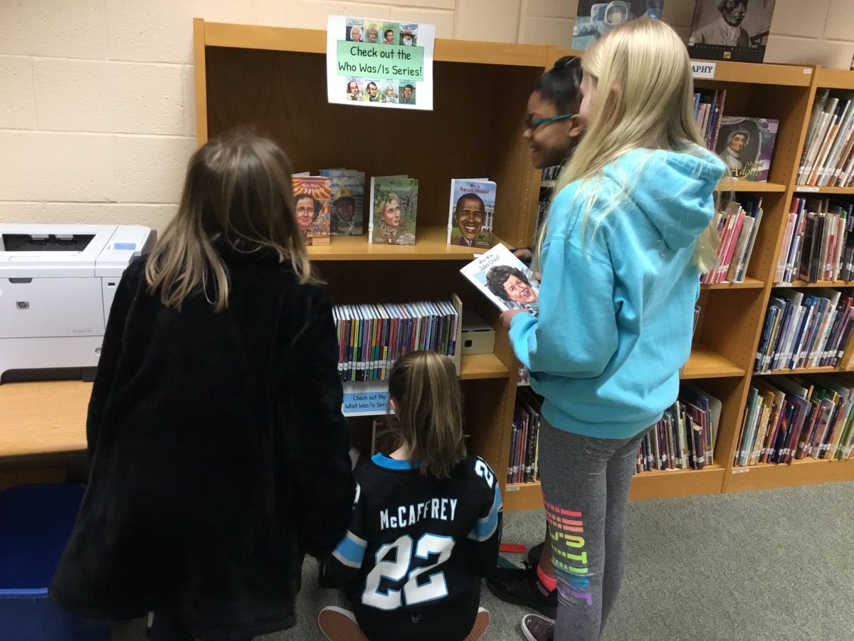 MrsLarca's tweet photo. "It's like Christmas morning!" - upon seeing the new Who Was display in the library. @CopperHillES @FlemRarSchools @MrsVeneziano53 @MrBirdCH #libraryexcerpts https://t.co/xU0Cij3p63