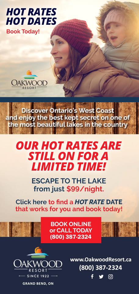 BOOK A HOT RATE FOR A LIMITED TIME!
Escape to the Lake and enjoy all that Ontario’s West Coast has to offer!
Book our $99*, $109 or $119 HOT RATE on selected dates below and start packing!
Call us to book (800) 387-2324
bit.ly/39X1nry