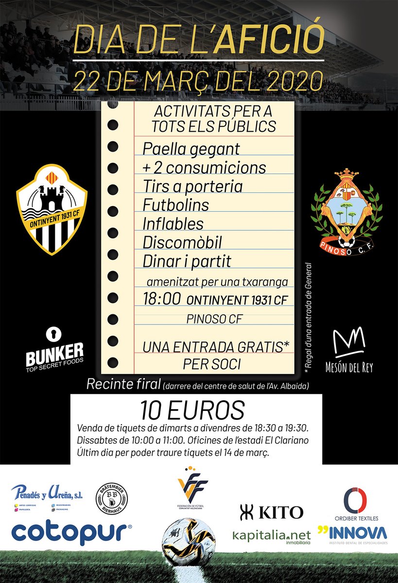 🙌 #DiaDeLAfició | L'Ontinyent 1931 presenta el "Dia de l'Afició" per rebre el <a href="/pinosocf/">Pinoso Club Fútbol</a> 
🗓️ 22 de març
🎉 Amb dinar, música i activitat per a totes les edats!
➡️ ontinyent1931cf.com/index.php/noti…