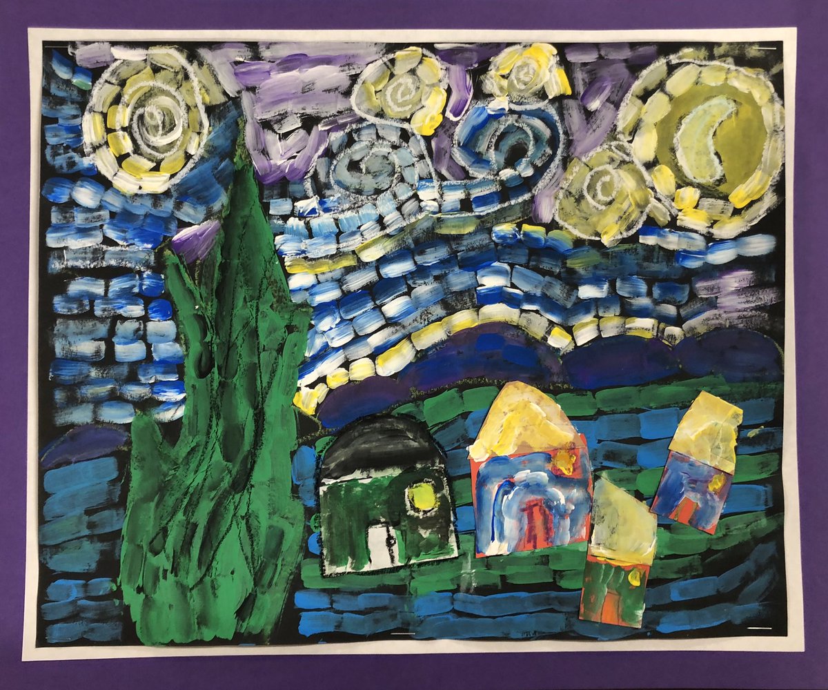 MrsAmandaRusso's tweet photo. #FillinFriday Third grade finished their starry night paintings where we painted like Van Gogh. ALL of these paintings will be on display Tuesday night for the 3rd/5th spring music program and art show! @lapelelementary #lapelelementary #elementaryart #thirdgradeart https://t.co/otE6busrnq