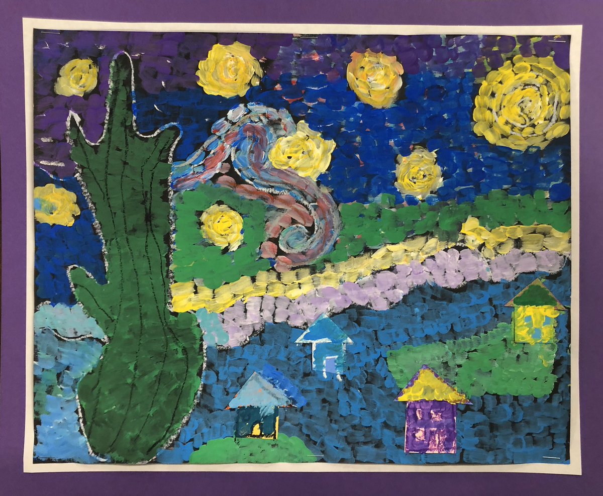 MrsAmandaRusso's tweet photo. #FillinFriday Third grade finished their starry night paintings where we painted like Van Gogh. ALL of these paintings will be on display Tuesday night for the 3rd/5th spring music program and art show! @lapelelementary #lapelelementary #elementaryart #thirdgradeart https://t.co/otE6busrnq