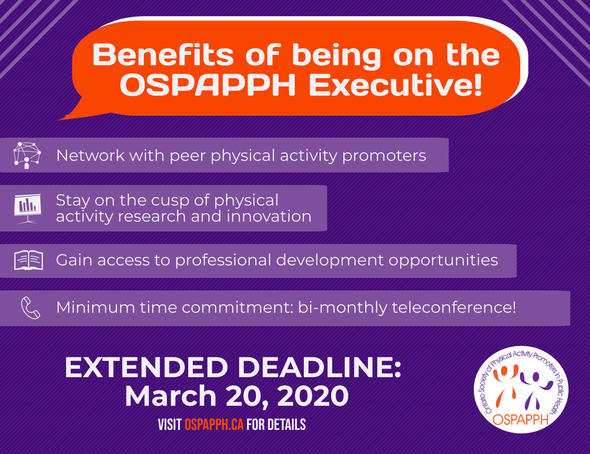 One last chance to apply for a spot on the OSPAPPH Executive Committee! We extended the application deadline to March 20th. Be a leader in #physicalactivity promotion in Ontario! bit.ly/32QQXYk