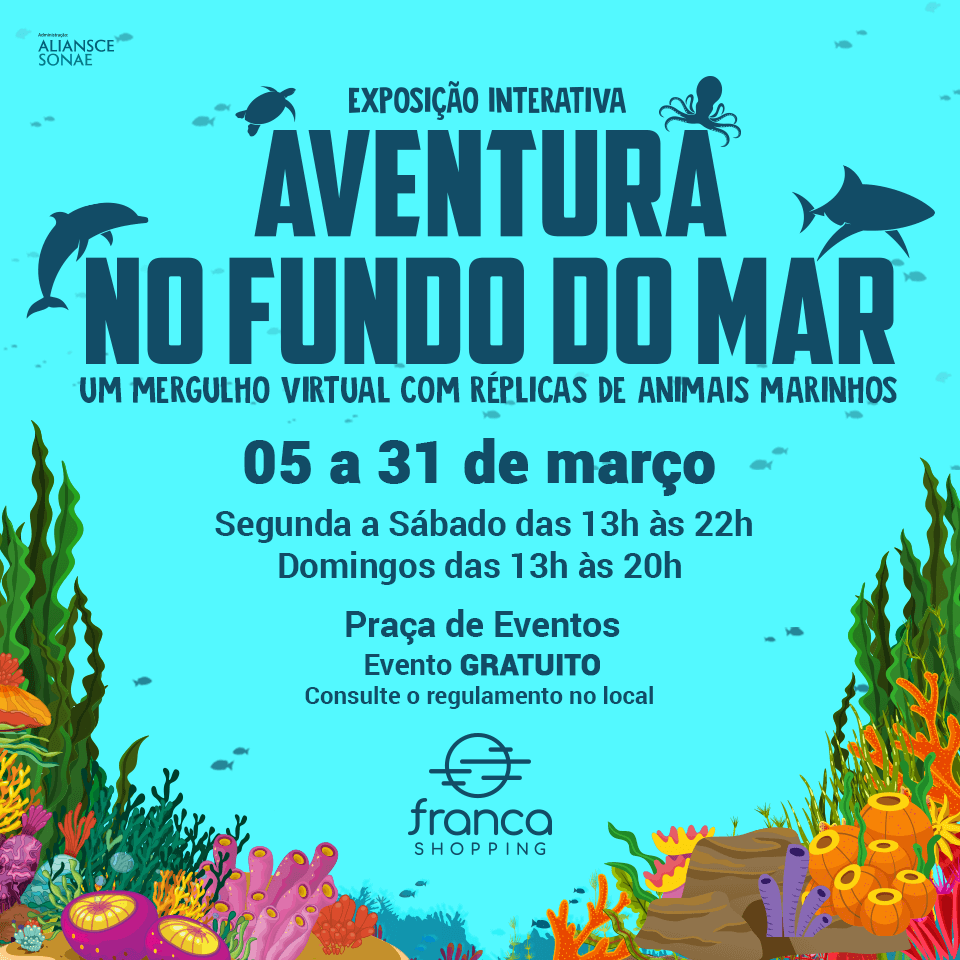 FrancaShop's tweet photo. Venha dar um mergulho na nova Exposição Interativa Aventura no Fundo do Mar aqui no #FrancaShopping! 🦀🐠🐳

🌊Projeções que simulam o fundo do mar, réplicas de animais marinhos e muito mais esperam você e sua família! 👨‍👩‍👧‍👦 Saiba mais: https://t.co/T9o3ub7fL3 https://t.co/rwfDz3XF7x