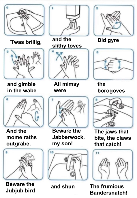 Handwashing instructions with the first two verses of Jabberwocky