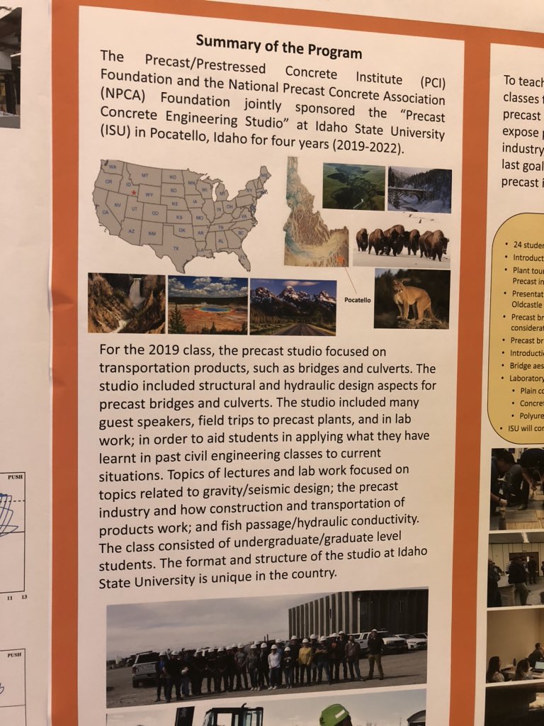 PCIMountain's tweet photo. Poster presentation showcasing the amazing work that Mustafa Mashal and his students in the @PCIFoundation Studio at @IdahoStateU accelerated bridge construction. #PCIConvention #precastshow #PCIFoundation #precast #HowPrecastBuilds #AcceleratedBridgeConstruction https://t.co/ecXeAtUjHD