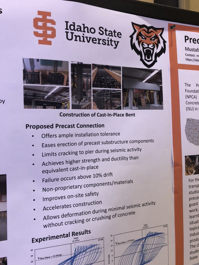 PCIMountain's tweet photo. Poster presentation showcasing the amazing work that Mustafa Mashal and his students in the @PCIFoundation Studio at @IdahoStateU accelerated bridge construction. #PCIConvention #precastshow #PCIFoundation #precast #HowPrecastBuilds #AcceleratedBridgeConstruction https://t.co/ecXeAtUjHD