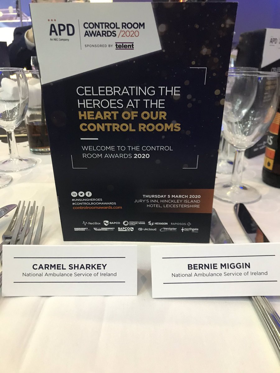 BMiggin's tweet photo. Delighted to be here at the #ControlRoomAwards #UnsungHeroes ...@apdcomms @AmbulanceNAS @NasDirector best of luck to Carmel Sharkey representing @AmbulanceNAS as finalist for dispatcher of the year https://t.co/sUDVwHn6tl