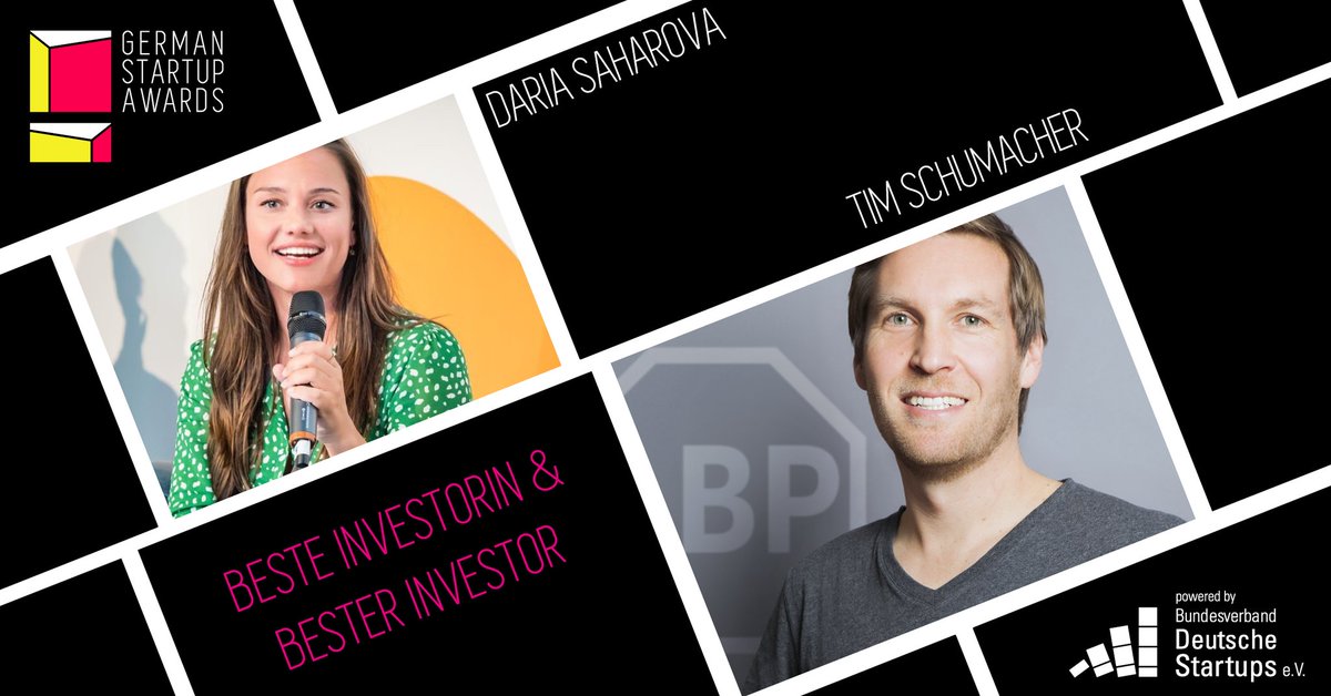 Herzlichen Glückwunsch an die Gewinner der Kategorie Beste Investorin und Bester Investor der German Startup Awards 2020 #GSA20 
🥇 <a href="/daria_saharova/">Daria Saharova</a> von <a href="/VitoOneVC/">Vito ONE</a> 
🥇 Tim Schumacher <a href="/TimSchu/">Tim Schumacher</a> von TS Ventures