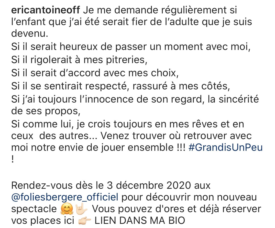 eric_antoine's tweet image. Rendez-vous dès le 3 décembre 2020 aux Folies Bergère pour découvrir mon nouveau spectacle #GrandisUnPeu ! 🤗🤟🏻

Vous pouvez d'ores et déjà réserver vos places ici 👉🏻bit.ly/2LEK5pv