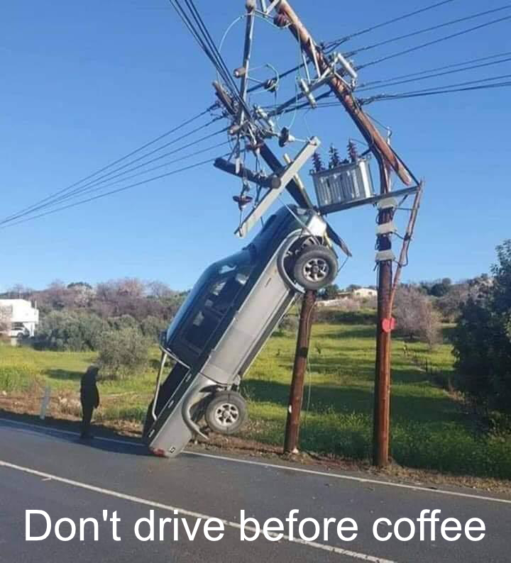 Advice for the day:

Don't drive before coffee!
(When you think you drive an electric car and can not find a place to charge...)